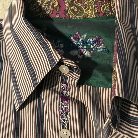 Robert Graham Dress Shirt Stripes Embroidered Purple Flower Flip Cuff Men Size L - Picture 4 of 12